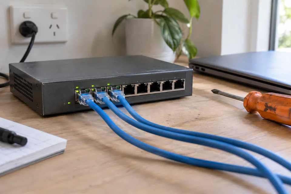A network switch with connected cables beside a laptop