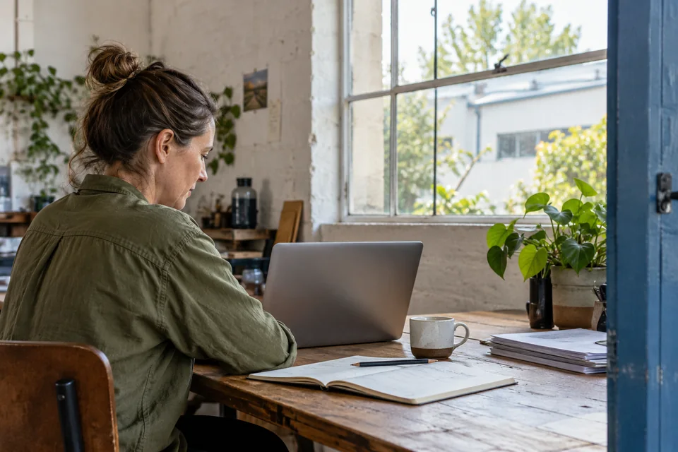 A person working at a laptop beside a notebook